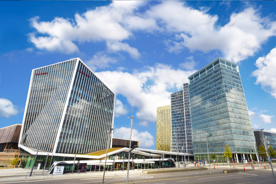 Close-up of the European Investment Bank sign, a leading employer in Luxembourg. 